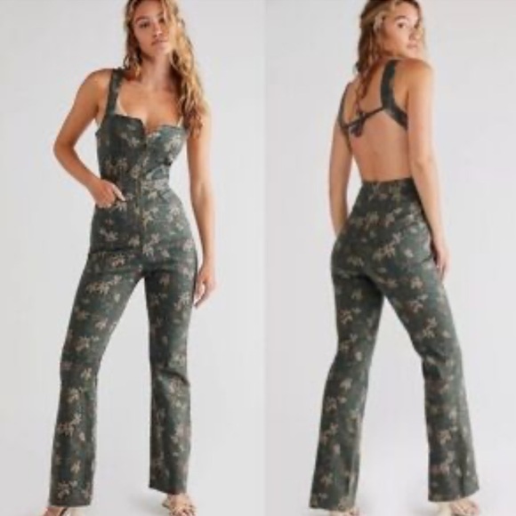 Free People Curvy CRVY 2nd Ave Denim Floral Military Green Floral Jumpsuit NEW - Picture 1 of 14